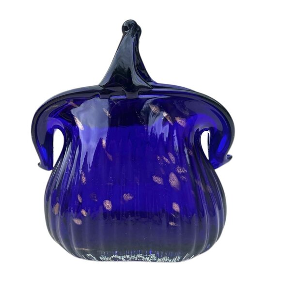 Murano Blown Glass Vase Basket Shape Cobalt Blue With Gold Sparkling Accents - Picture 2 of 15